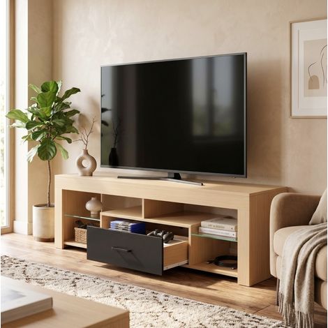 Mobile TV 140 cm per TV fino a 65 pollici con ripiani in vetro regolabili, rovere (1/5)
