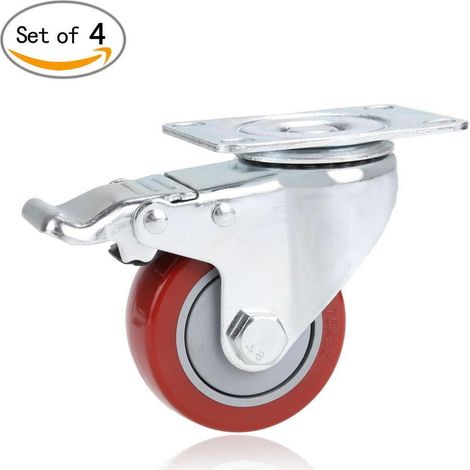 4 pcs Roulettes Pivotantes avec frein 75mm pour Meuble Charge 400kg Rouge et Argent (1/5)