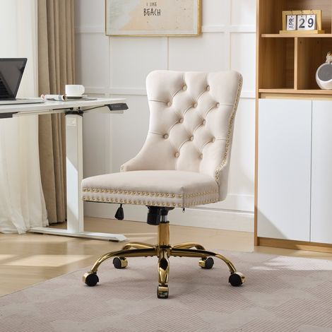 Fauteuil de bureau grande assise en velours capitonné base métal doré beige (1/5)
