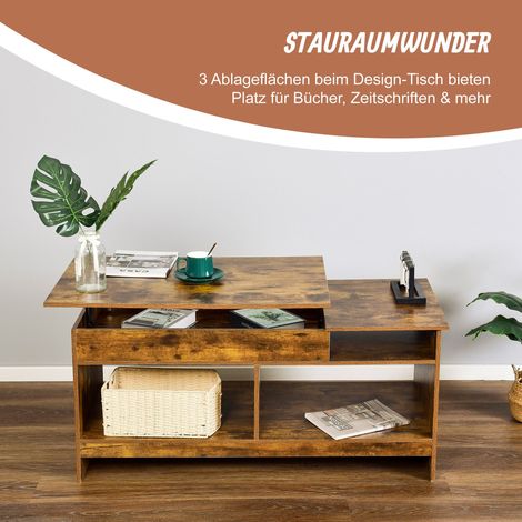 Relaxdays Couchtisch aufklappbar, HBT: 50x110x50 cm, Wohnzimmertisch mit Stauraum, zusätzliche Ablagefläche, braun