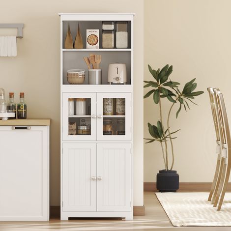 Küchen-Sideboard mit 4 Türen, 2 offenen Regalböden und verstellbarem Einlegeboden für Wohnzimmer, 60 x 30 x 162 cm, Weiß