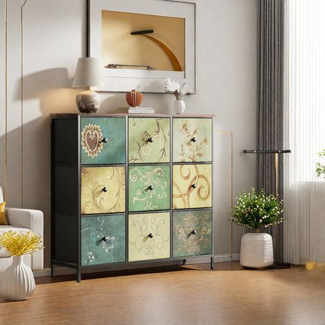 Buffet de rangement 100cm - avec 9 tiroirs de rangement et poignées noires, Armoire de Cuisine Buffet Meuble de Rangement - motif vintage, structure en métal noir - Vert (1/5)