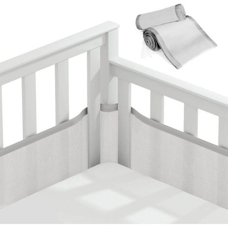 Tour de lit bébé 340x30cm gris – Tissu maillé 3D respirant – Protection contre les chocs – Installation facile pour tous berceaux (1/5)