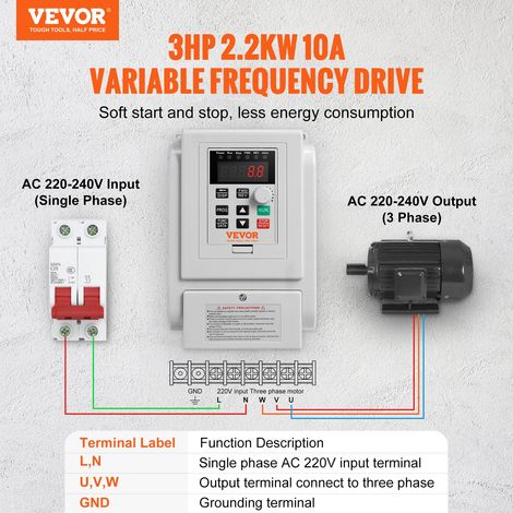 Variateur de Fréquence 2,2 kW Convertisseur de Fréquence 3 CV 10 A 0-400 Hz VFD avec Entrée Monophasé Sortie Triphasé Régulateur Contrôle de Vitesse Refroidissement Rapide pour Moteur de Machine (1/5)