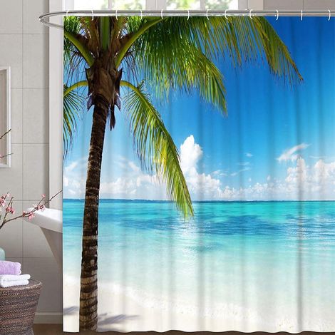 (180x180 Cm) Rideau De Douche Motif Ocan Tropical Palmier Plage Textile Ciel Nuage Rsistant  La Moisissure Rideau Ocan Bleu Vert Vague Rideau De S
