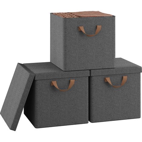 Lot de 3 Boîtes Rangement WOLTU, 33x33x31,5 cm, Cubes de Rangement Tissu avec Couvercle, Poignée et Cadre en Métal, Pliable, Gris