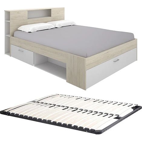 Lit avec tête de lit rangements et tiroir - 180 x 200 cm - Coloris : Naturel et blanc + Sommier - LEANDRE (1/5)