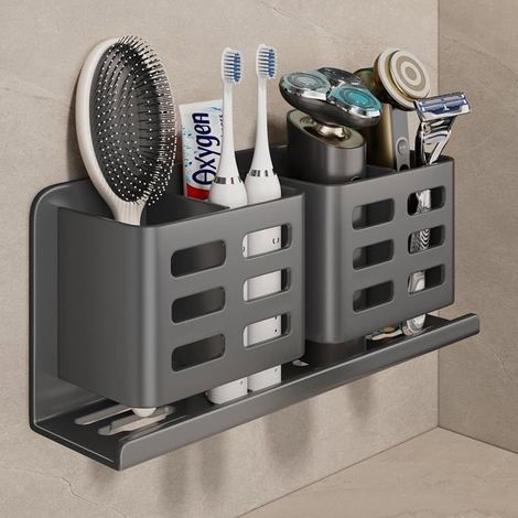 Brosse à Dents électrique Mural, Aluminium Porte-Brosse à Dents sans percer pour Salle de Bain Support de, (Gris, 4 Compartiments) (1/5)