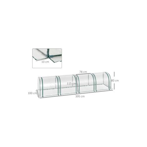 Serre tunnel transparente 395 x 100 x 80 cm avec armature en acier, bâche résistante et 4 fenêtres zippées pour jardin et potager (1/5)