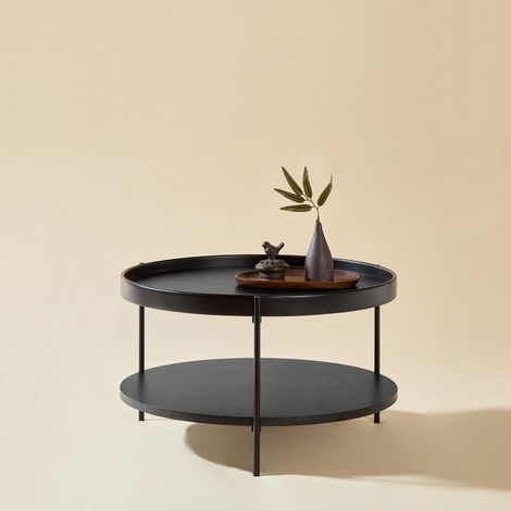 Couchtisch 69x69x38 cm schwarz aus Massivholz und MDF mit 2 Ebenen und Metallgestell (1/5)