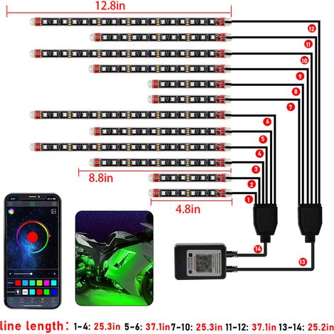 12-teiliges LED-Motorradbeleuchtungsset mit farbigen, per App steuerbaren Streifen, IP65 wasserdicht, einstellbarer Helligkeit, BT 5.0-Verbindung und Musiksynchronisation.