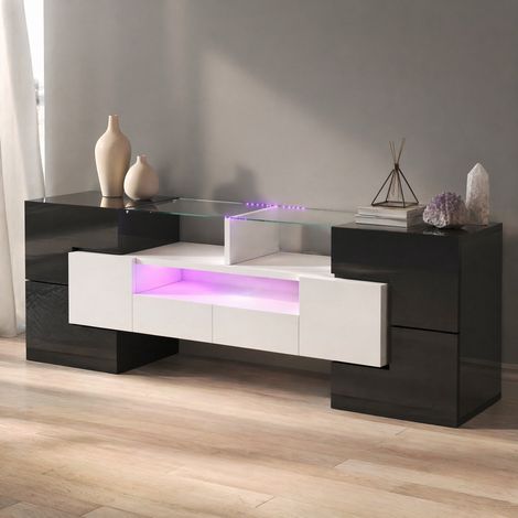 Mobile TV 145x30x51 cm in MDF nero e bianco con vano LED per soggiorno FloraGrace (1/5)
