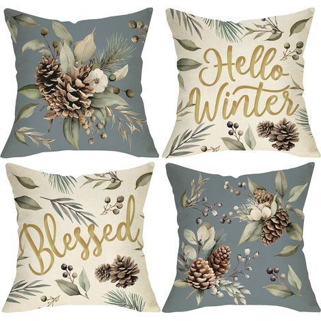 Juego de 4 fundas de cojín, 45 x 45 cm, estampado botánico y de hojas, decoración exterior para porche o hogar, plantas navideñas, funda de cojín (1/4)