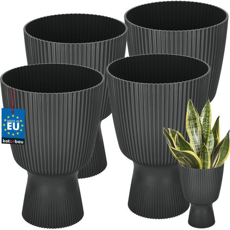KOTARBAU® Lot de 4 Pot de Fleur  Ø 18 cm - Pot de Fleur Interieur - PVC - Pot de Fleur Exterieur - Pot pour Plante avec Socle - Nervuré - Forme de Coupe - H: 27 cm - Noir (1/4)