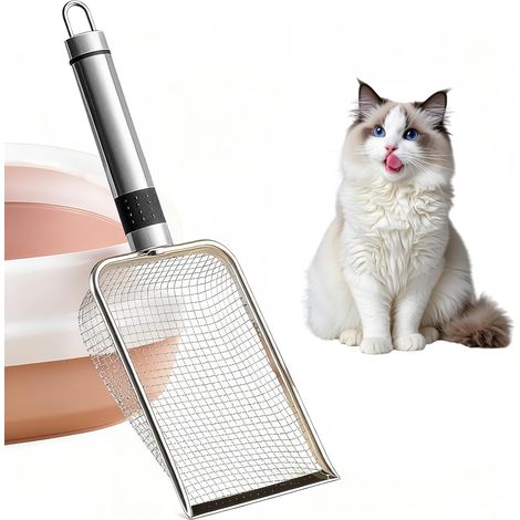 Pala para arena de gato - Metal - con mango de madera - Tamaño de poro de 4 mm - Pala para gatos, pala para arena de gato, pala para arena de gato, pala para arena (acero inoxidable) (1/5)