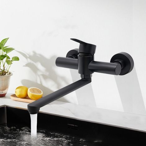 Grifo de pared, grifo de cocina de acero inoxidable, mezclador monomando giratorio de 360°, grifo para fregadero, agua caliente y fría, negro (1/5)