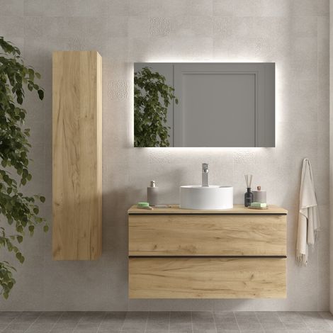 Mueble de baño Nabua 100 cm Roble con tirador de pestaña con lavabo posar (1/5)