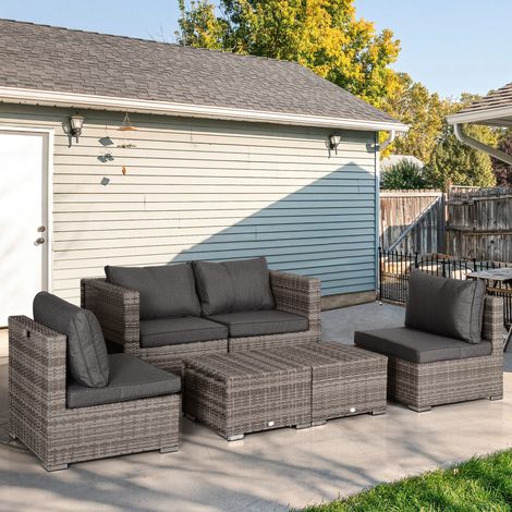 Conjunto de salón de exterior de ratán sintético de 8 piezas, conjunto de muebles de jardín que ahorra espacio con sillones, mesas de centro y taburetes, color gris. (1/5)