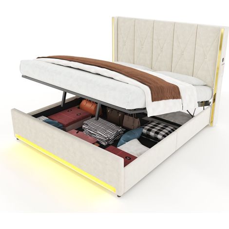 Letto Contenitore Matrimoniale con USB, Type-C, Tasche e LED, 180 x 200 cm, senza Materasso, Beige (1/5)