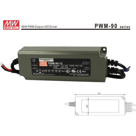 Alimentatore Led MW MEAN WELL PWM-90-12 Dimmerabile 90W 12V IP67 Dimming 3 in 1 0-10V 10V PWM Resistance (1/3)