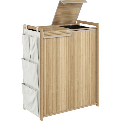 Bambus-Wäschekorb 120 l mit herausnehmbaren Säcken und Seitentaschen, natur (1/4)