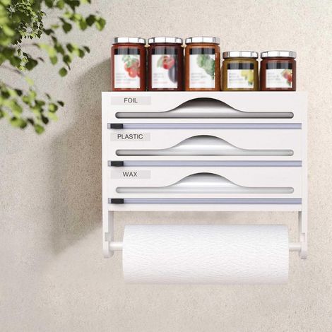 Frischhaltefolienspender, Frischhaltefolienspender mit Schneidevorrichtung und Papierhandtuchhalter, Spender für Aluminiumfolie und Frischhaltefolie, Küchenorganizer für Wand/Schublade – weiß