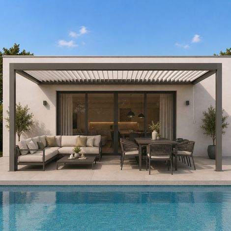 Pergola Bioclimatique Aluminium Adossée Gris 5x3,5 Manuelle Caleta France (1/5)