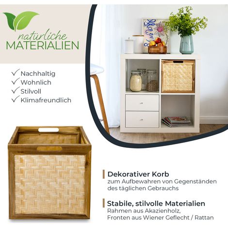 HMF Aufbewahrungskorb für Kallax Regale, Korb aus Rattan mit Wiener Geflecht und Akazienholz, Muster 1, 32x34x32 cm