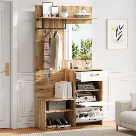 Ensemble armoire 100 x 38,5 x 190 cm avec miroir, banc à chaussures, meuble à blanc - qualité supérieure et confort optimal