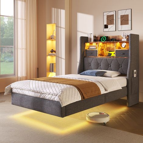 Bettgestell 90x200 cm grau aus Leinen mit LED, USB-C-Ladestation und Stauraum-Kopfteil (1/5)