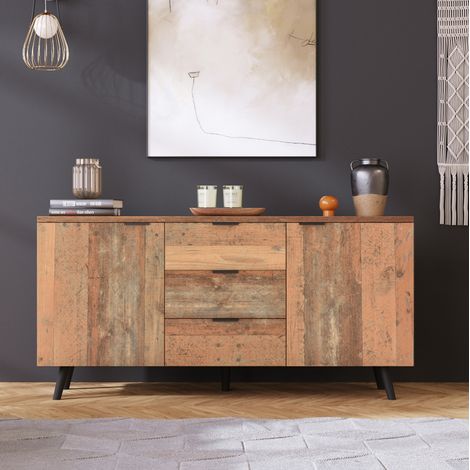 Meuble TV avec 3 tiroirs et étagères réglables 140 x 35 x 70 cm brun vintage DESVIAE (1/5)