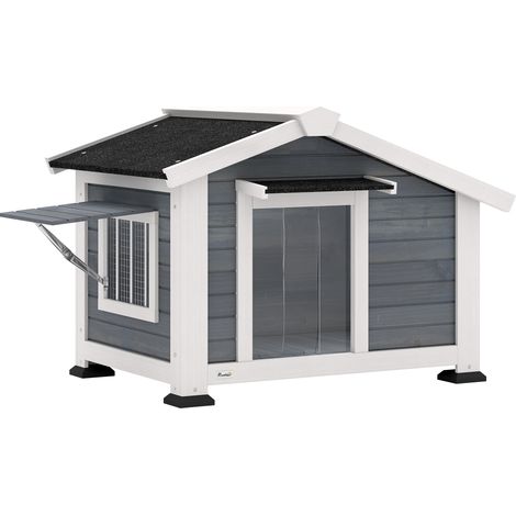 Niche pour chien etanche en bois avec sol amovible toit asphalte fenetre ouvrante 98x76x69,5 cm Gris