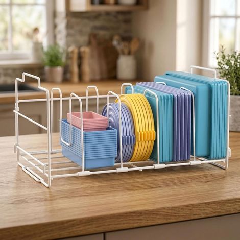 Support de couvercle, organiseur de couvercle en métal, organisateur de cuisine avec 4 compartiments réglables, support de récipient alimentaire pour cuisine, armoire, tiroir, blanc (1/5)