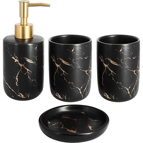 ZOLGINAH Ensemble de 4 Accessoires de Salle de Bain en céramique avec Distributeur de Savon, gobelets, Porte-Savon (Noir) (1/5)