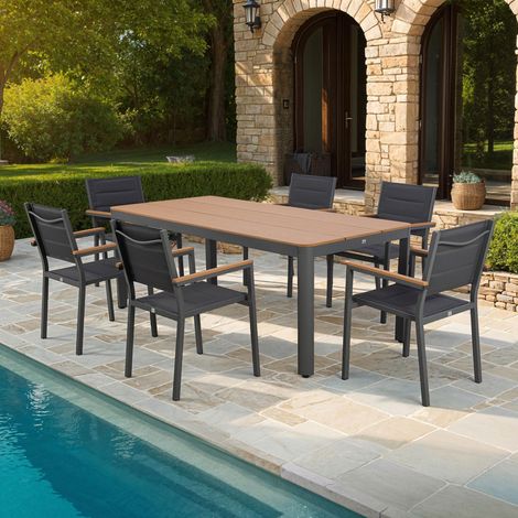 Ensemble table de jardin 200x90x75cm + 6 fauteuils gris - MIMIZAN