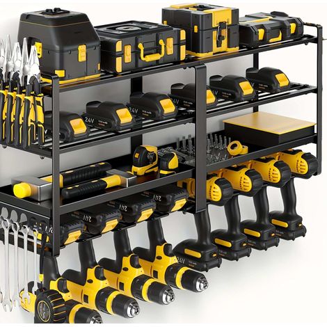 Rangement Mural Outils Électroportatifs 4 Niveaux - Charge Lourde 180kg - Support Atelier en Acier Carbone Anti-rouille - Organisateur de Garage pour Perceuses et Outillage - Noir (1/5)