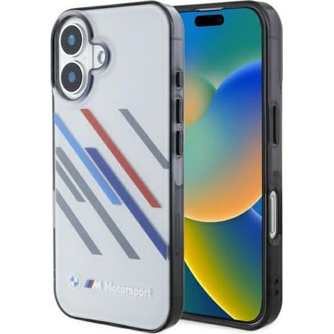 Coque rigide grise à rayures aléatoires BMW Motorsport IML pour iPhone 16 6,1" (BMW BMHCP16S23HTRAG)