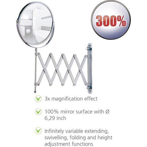 Specchio cosmetico da parete con braccio telescopico - regolabile, superficie specchio ø 16 cm ingrandimento 300%, acciaio (1/4)