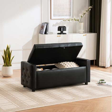 Ottomano contenitore 122x45x47 cm, imbottito, con seduta trapuntata, rivestimento effetto pelle PU, nero (1/5)