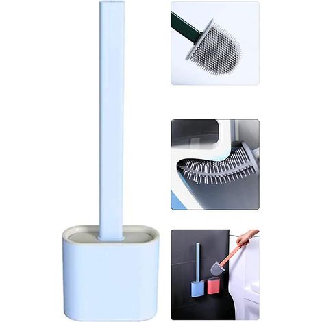 brosse Wc Plate En Silicone Avec Support Bleu, Brosse Wc En Silicone Et Support Pour Salle De Bain (1/5)