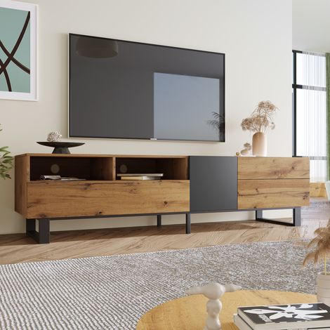 Meuble tele, Meuble TV 180 cm moderne colorblock avec rangement, meuble télévision bois et noir, avec tiroirs et portes, meuble TV salon style industriel pieds métal