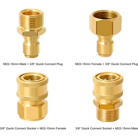 Kit di connessione rapida per idropulitrice ad alta pressione, 4 pezzi M22 da 15 mm a 3/8 di pollice, raccordo per tubo flessibile, adattatori in ottone per pistola elettrica, tubo flessibile e pompa.
