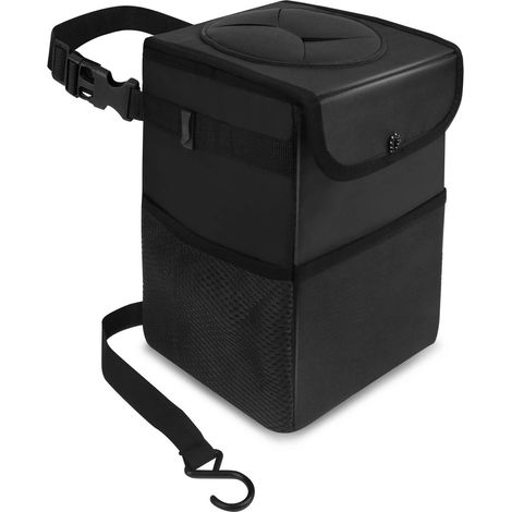 Sac Poubelle Voiture - Étanche Et Anti-Fuites - Avec Couvercle Élastique Et Poches Latérales - Fixation Par Sangle Réglable - Noir (1/5)