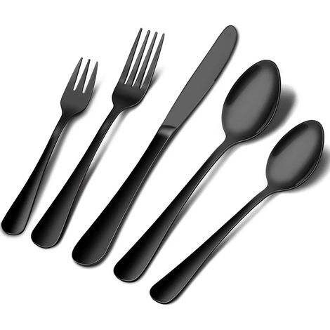Schwarzes Besteckset, 10-teilig, Edelstahl, Messer, Gabel, Löffel, Hochglanzpoliert, glatte Kanten, für 2 Personen, hochglanzpoliert (schwarz) (1/5)