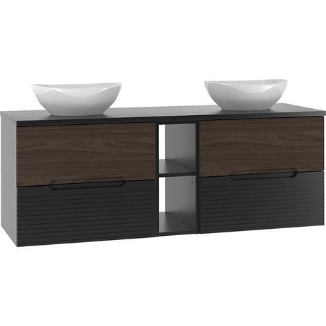Doppelwaschtisch 140cm Sylla mit 4 Schubladen, Schwarz und Holzoptik