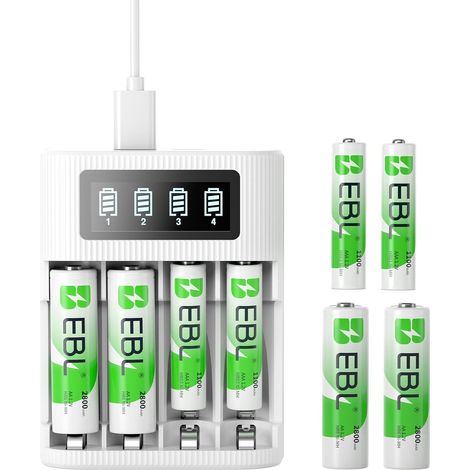 Chargeur de Piles Rechargeables, avec 4xAA + 4xAAA NiMH Piles  Écran LCD Intelligent, Charge Rapide avec 2 Ports d'Entrée Type-C, pour Électronique Domestiques (1/5)