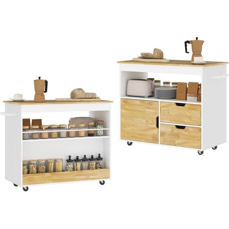 Küchenwagen Servierwagen mit Arbeitsplatte, Schubladen, Rollwagen mit Küchenschrank mit Soft-Close-Tür, Griff, Kücheninsel mit offenem Fach für Büro, 107x50x85cm, Eiche