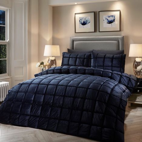 Housse de Couette en Velours Bleu Marine - 230 x 220 cm - 2 Taies d'oreiller - Housse de Couette surpiquée en Bleu - Literie en Velours Bleu - Parure de Couette Carrée - Literie Bleue (1/4)