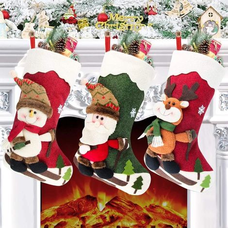 Chaussettes de Noël, lot de 3 chaussettes de 46 cm représentant des personnages de Noël : Père Noël, bonhomme de neige et renne. Décorations de sapin et articles de fête en peluche 3D. (1/5)