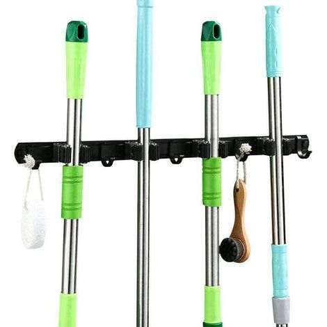 Porte Balai Mural Multifonctions,Support Cintre de Rangement avec 5 Emplacements et 6 Crochets pour Votre Cuisine,Garage,Buanderie -Tourne VIS Offert